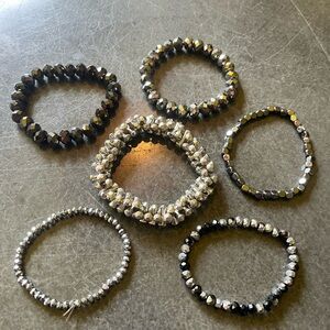Bundle of 6 beaded unique bracelets metallic